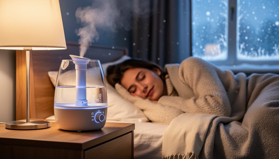 Bedside humidifier releasing soft mist beside a glass of water and blanket during winter night lighting.