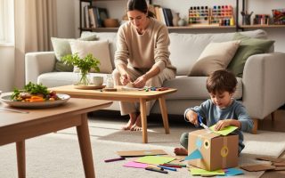 A person rearranges a living room while a child builds a cardboard craft and dinner is creatively plated on a nearby table, showing everyday creativity at home.