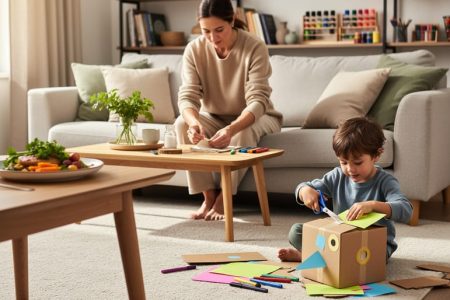 A person rearranges a living room while a child builds a cardboard craft and dinner is creatively plated on a nearby table, showing everyday creativity at home.