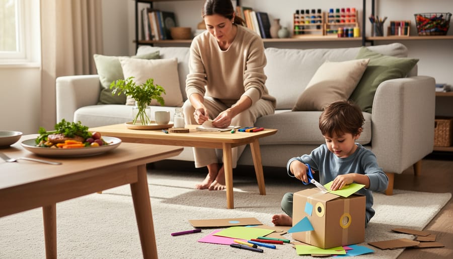 A person rearranges a living room while a child builds a cardboard craft and dinner is creatively plated on a nearby table, showing everyday creativity at home.