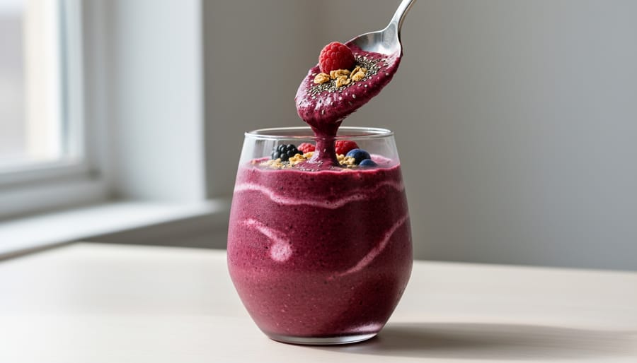 Thick mixed-berry protein smoothie in a blender jar with berries in the background