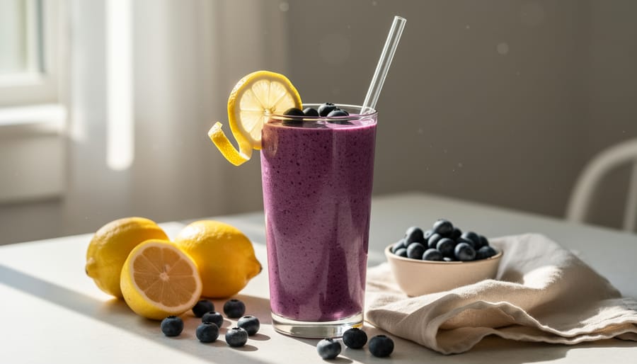 Blueberry lemon smoothie with blueberries and lemon on a brunch table