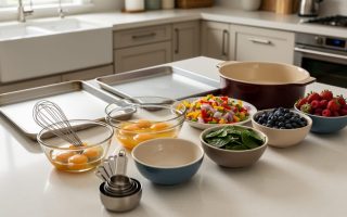 Organized kitchen breakfast prep station with sheet pans, a casserole dish, mixing bowls, whisk, measuring cups, and assorted ingredients for making crowd-friendly breakfast dishes.
