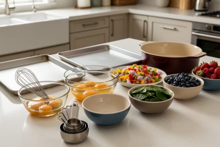 Organized kitchen breakfast prep station with sheet pans, a casserole dish, mixing bowls, whisk, measuring cups, and assorted ingredients for making crowd-friendly breakfast dishes.