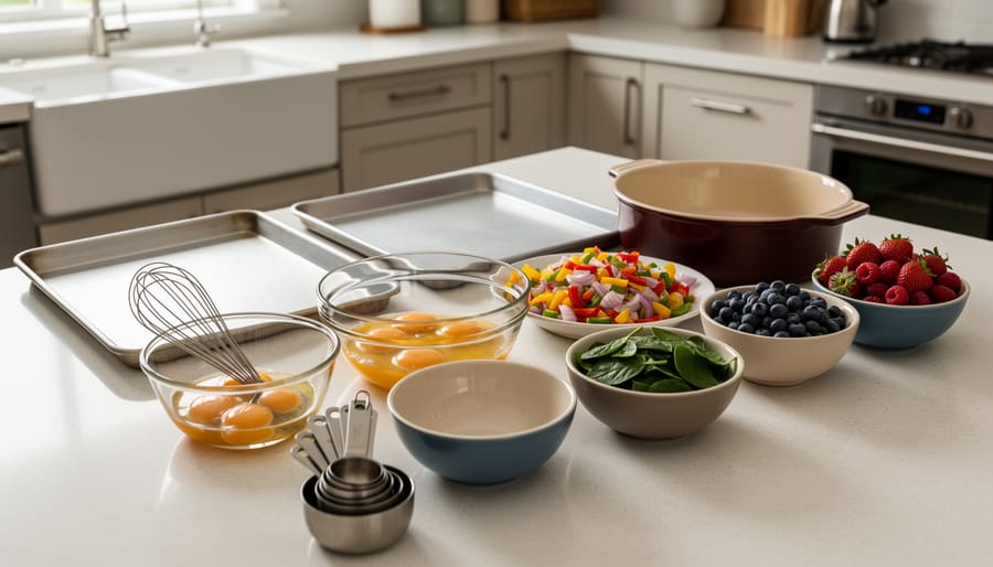 Organized kitchen breakfast prep station with sheet pans, a casserole dish, mixing bowls, whisk, measuring cups, and assorted ingredients for making crowd-friendly breakfast dishes.