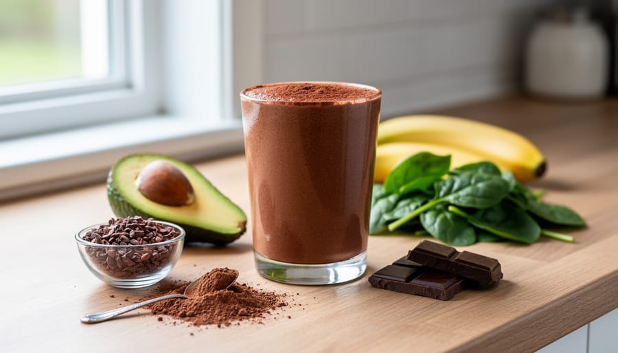 Chocolate avocado smoothie with cacao dusting and avocado fruit on a dark background