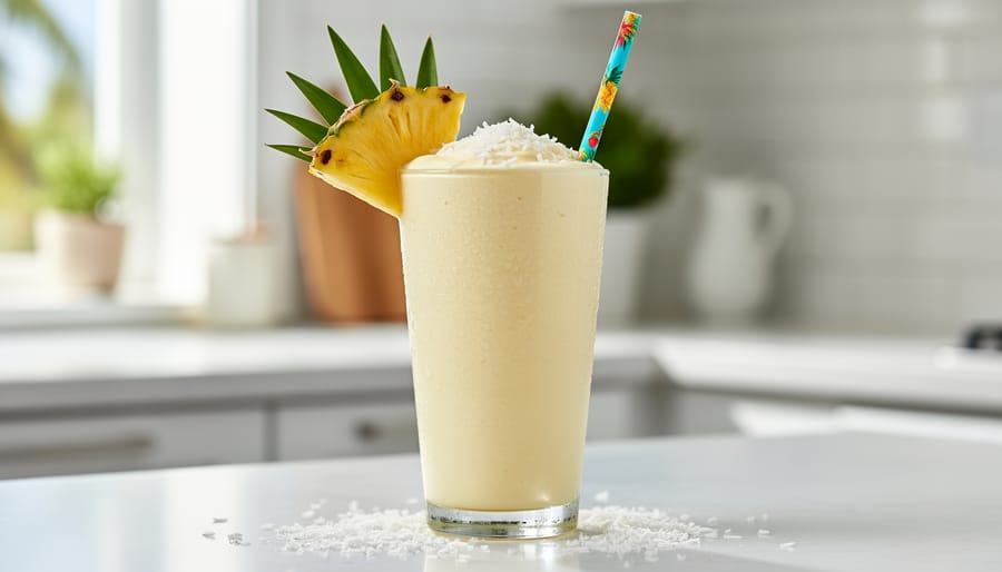 Creamy coconut pineapple smoothie in a glass garnished with pineapple and coconut flakes