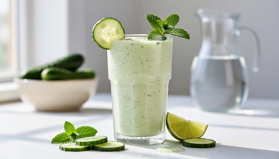 Cucumber mint smoothie in a glass with ice and lime garnish