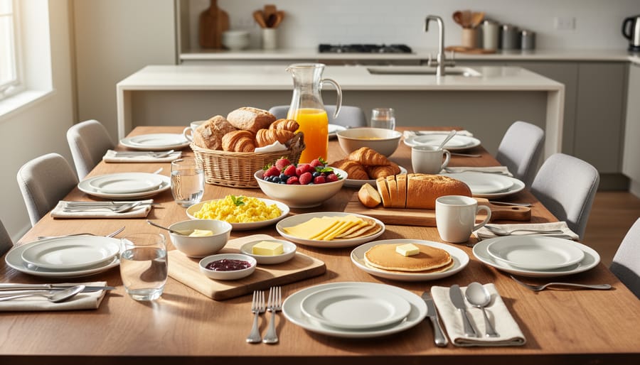 Guests serving themselves from a large breakfast casserole dish at a crowded family-style breakfast table.