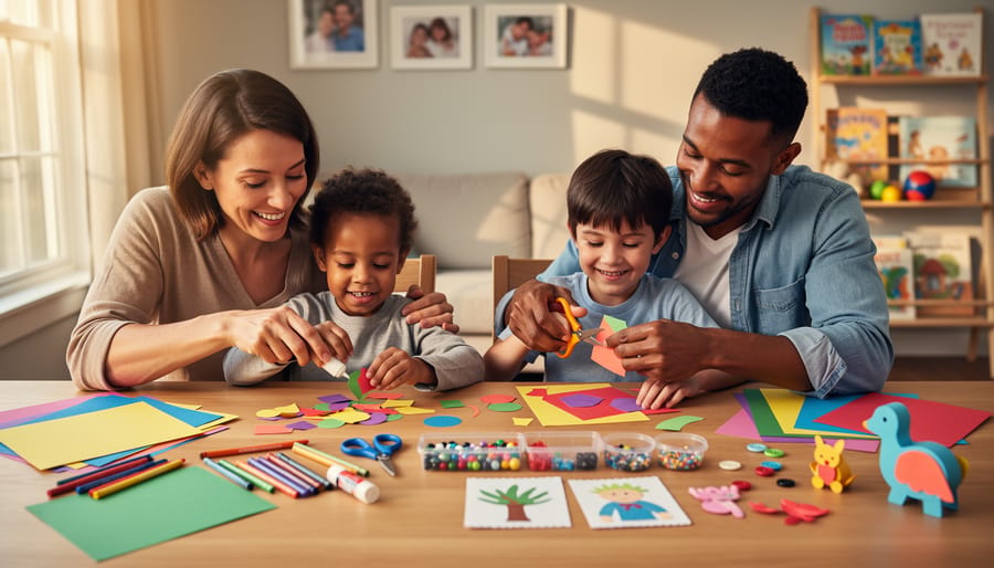 Adult and children collaborating at a table to create a colorful paper craft with glue and crayons.