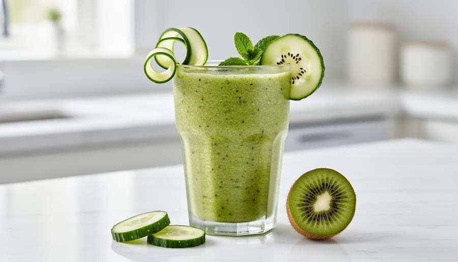 Green cucumber and kiwi smoothie in a glass with kiwi slices and cucumber ribbons