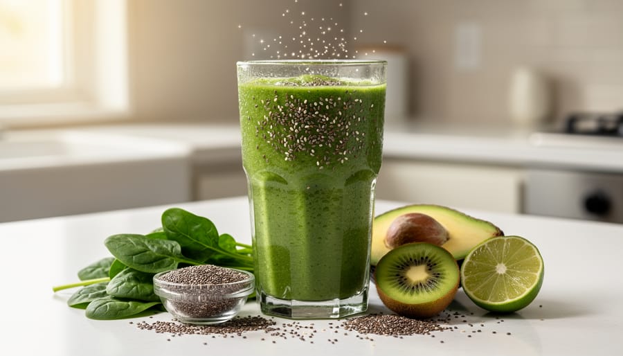 Green goddess detox smoothie with chia seeds on a wooden board