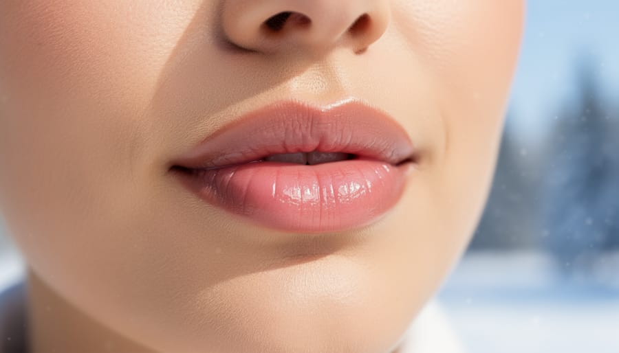 Close-up of lips with clear glossy lip balm indicating hydration in winter conditions.