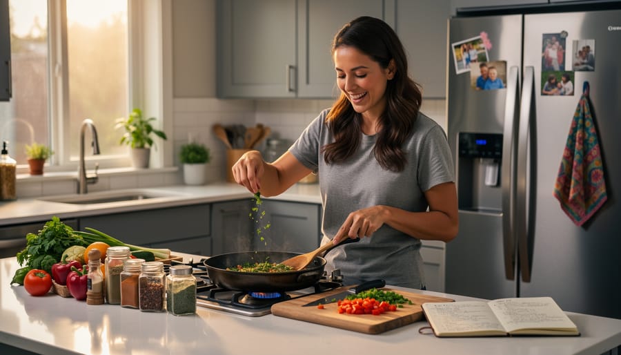 Person plating an improvised meal in a bright kitchen with colorful vegetables and herbs on a wooden cutting board.
