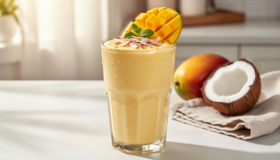 Mango coconut smoothie in a glass with pineapple and turmeric garnish on a wooden table