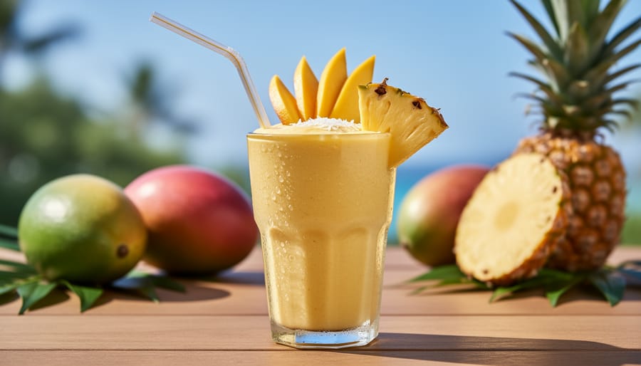 Mango pineapple smoothie in a tall glass with pineapple and mango garnishes on a patio table