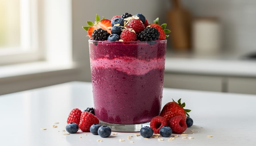 Mixed berry smoothie in a glass topped with blueberries, raspberries, and strawberries