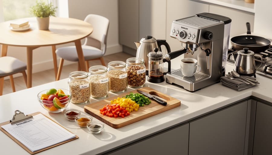 Countertop breakfast prep station with sheet pans, mixing bowls, whisk, measuring cups, and ingredients arranged for group cooking.