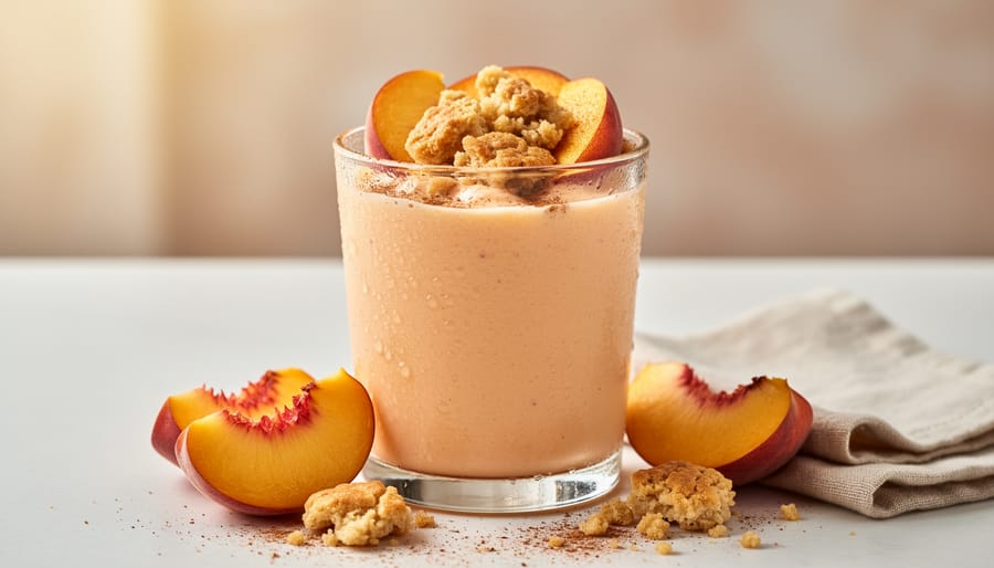 Peach cobbler smoothie in a bowl topped with peaches and oats