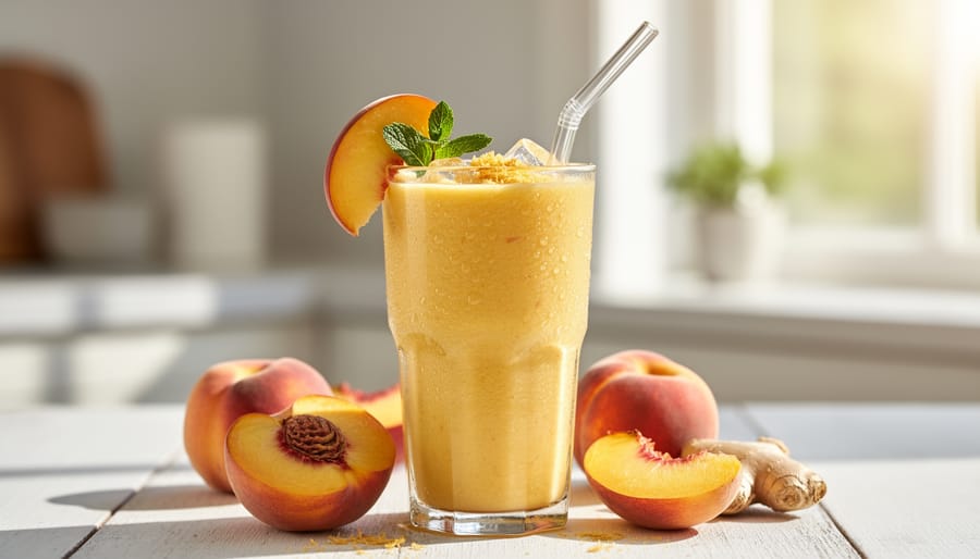 Peach smoothie with ginger and peach slice garnish on a bright summer countertop