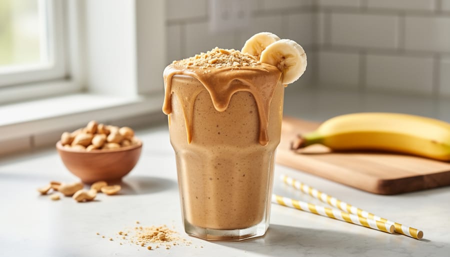 Thick peanut butter banana smoothie with banana slice and peanut butter on the side