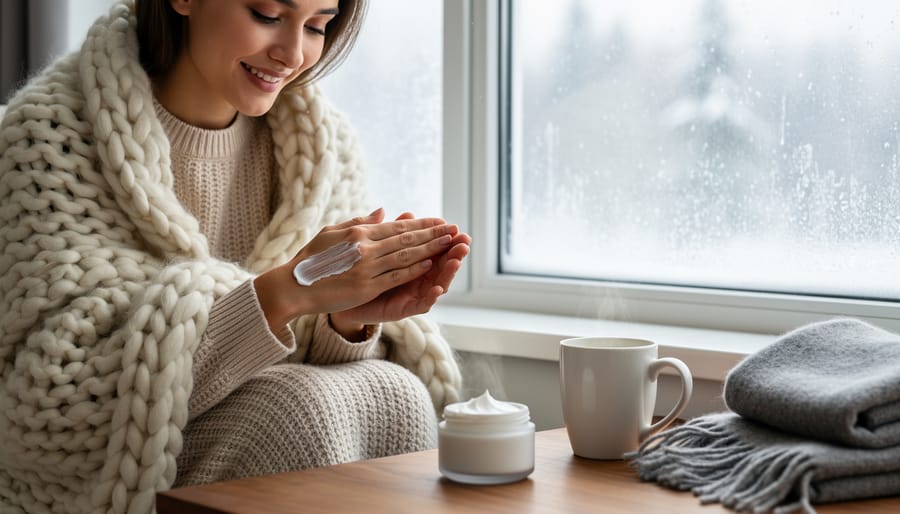 Person gently applying a rich winter moisturizer to their face with a thick cream texture visible.