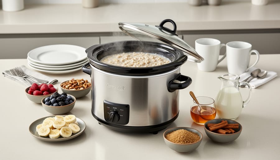 Slow cooker steaming with a toppings spread around it for an easy make-ahead breakfast.