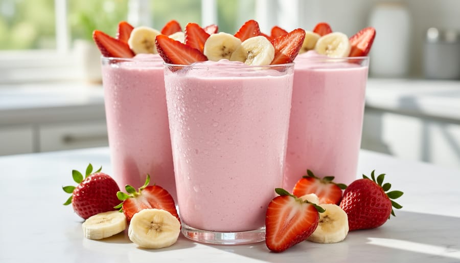 Thick strawberry banana smoothie in a glass topped with sliced strawberries and banana