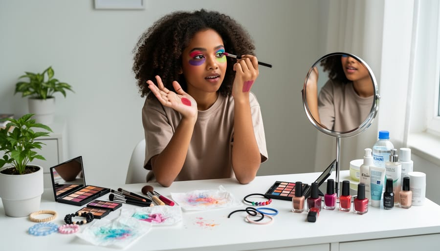 Makeup brushes and mixed lip colors arranged on a vanity next to a scarf and open compact mirror.