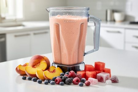 Close-up of a Vitamix blender pitcher with a creamy summer smoothie, surrounded by fresh peaches, berries, and watermelon on a sunlit kitchen counter.