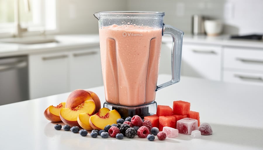 Close-up of a Vitamix blender pitcher with a creamy summer smoothie, surrounded by fresh peaches, berries, and watermelon on a sunlit kitchen counter.