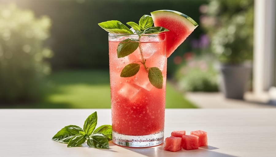 Watermelon basil smoothie in a glass with basil leaf and lime nearby