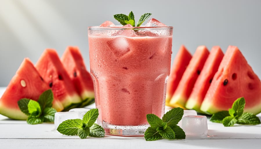 Watermelon mint smoothie with ice and mint garnish on a table with fresh watermelon nearby