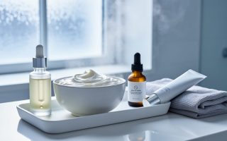 Winter skincare essentials—serum dropper, cream bowl, facial oil, and moisturizer—arranged on a bathroom vanity beside a soft cloth with frosted window light in the background.