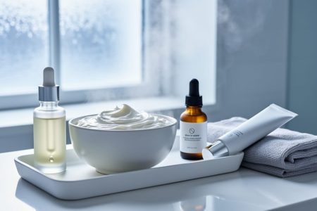 Winter skincare essentials—serum dropper, cream bowl, facial oil, and moisturizer—arranged on a bathroom vanity beside a soft cloth with frosted window light in the background.