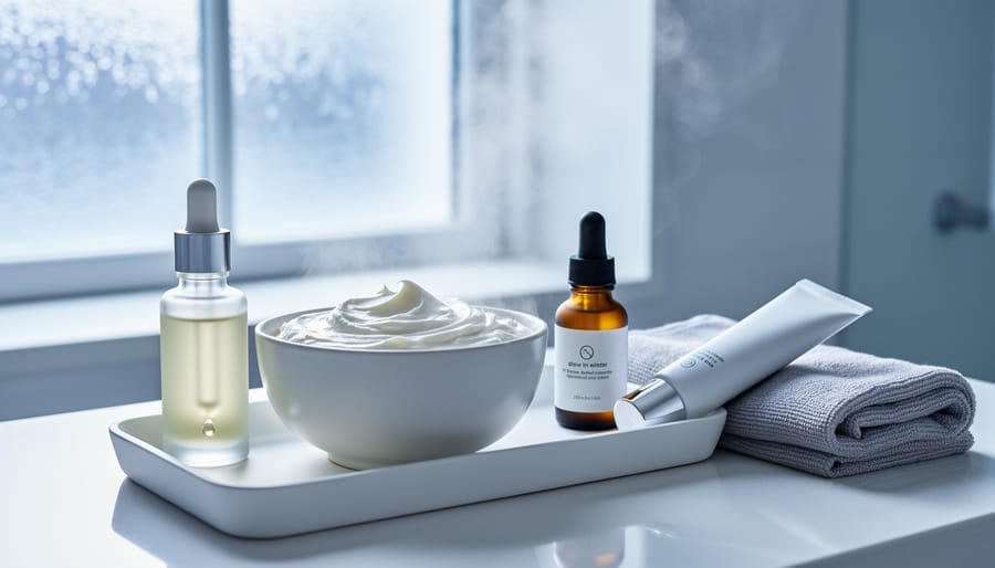 Winter skincare essentials—serum dropper, cream bowl, facial oil, and moisturizer—arranged on a bathroom vanity beside a soft cloth with frosted window light in the background.