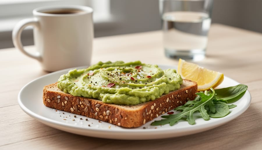 Hands spreading avocado on whole-grain toast on a wooden plate in morning light