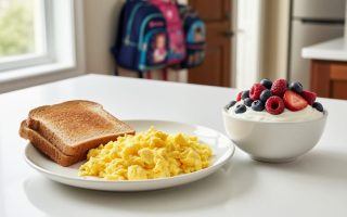 Close-up of a diabetes-friendly breakfast plate featuring scrambled eggs, Greek yogurt with berries, and whole-grain toast on a bright kitchen table.