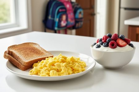 Close-up of a diabetes-friendly breakfast plate featuring scrambled eggs, Greek yogurt with berries, and whole-grain toast on a bright kitchen table.