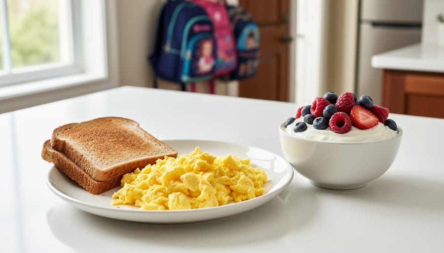 Close-up of a diabetes-friendly breakfast plate featuring scrambled eggs, Greek yogurt with berries, and whole-grain toast on a bright kitchen table.