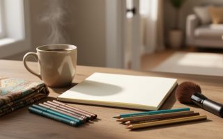 Cozy morning vanity tabletop with a coffee cup, blank sketchbook, and beauty tools like eyeliner and brushes arranged to inspire daily creative habits.