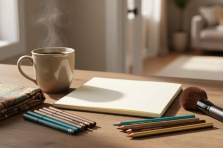 Cozy morning vanity tabletop with a coffee cup, blank sketchbook, and beauty tools like eyeliner and brushes arranged to inspire daily creative habits.