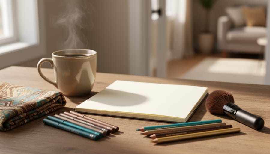 Cozy morning vanity tabletop with a coffee cup, blank sketchbook, and beauty tools like eyeliner and brushes arranged to inspire daily creative habits.