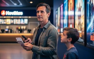 Parent reviewing information on a smartphone in a movie theater lobby while standing with a child, ready to choose a family-friendly experience.