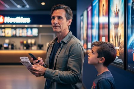 Parent reviewing information on a smartphone in a movie theater lobby while standing with a child, ready to choose a family-friendly experience.