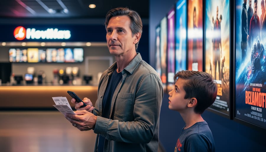 Parent reviewing information on a smartphone in a movie theater lobby while standing with a child, ready to choose a family-friendly experience.