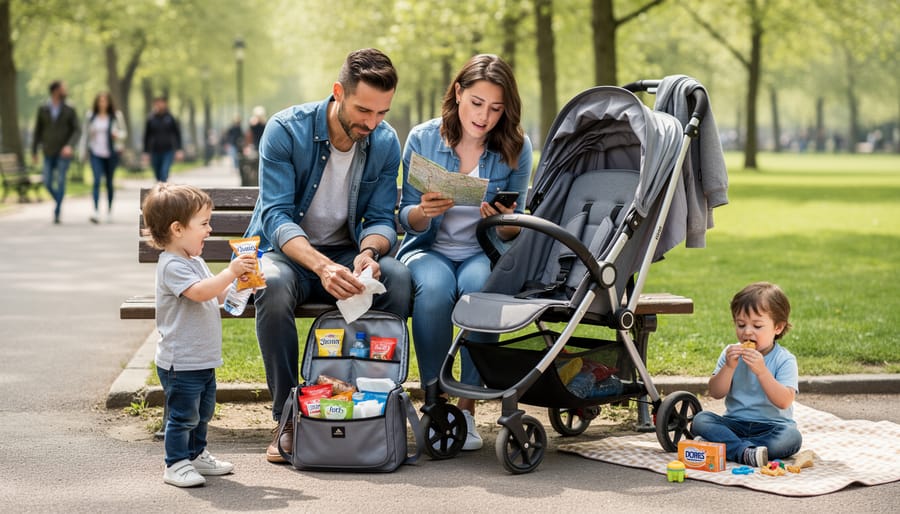 Parents and a toddler at a restaurant table with a snack and portable changing mat in view