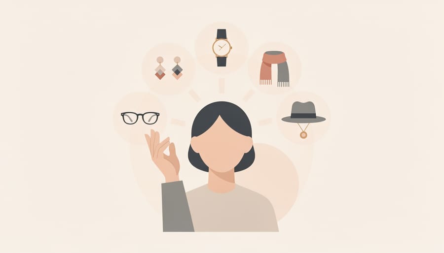 Hands choosing jewelry accessories from an open tray with a styled outfit nearby on a bed.