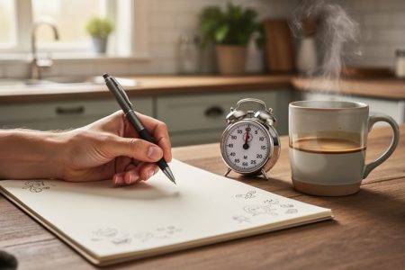 Hand holding a pen over a blank sketchpad next to a small timer and a mug of coffee at a kitchen table, illustrating quick daily creativity.