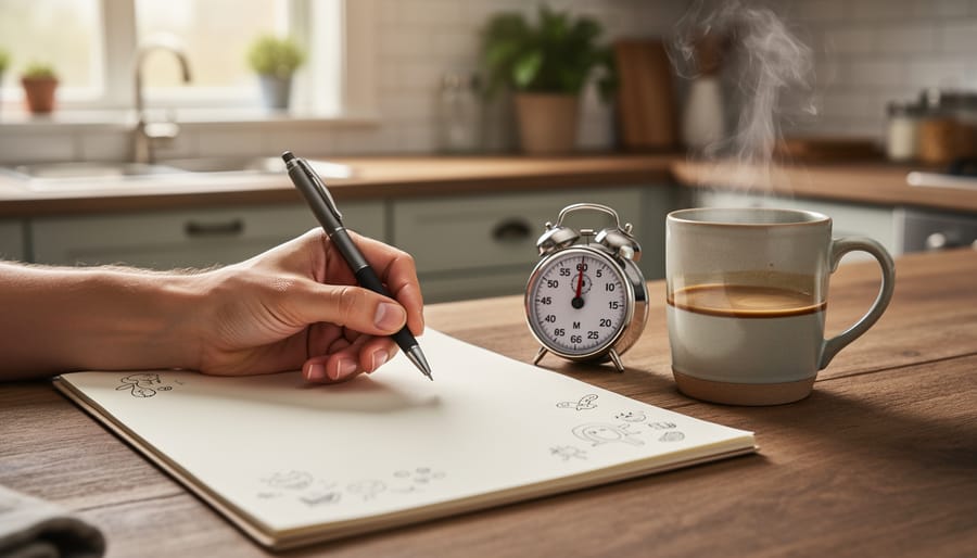 Hand holding a pen over a blank sketchpad next to a small timer and a mug of coffee at a kitchen table, illustrating quick daily creativity.